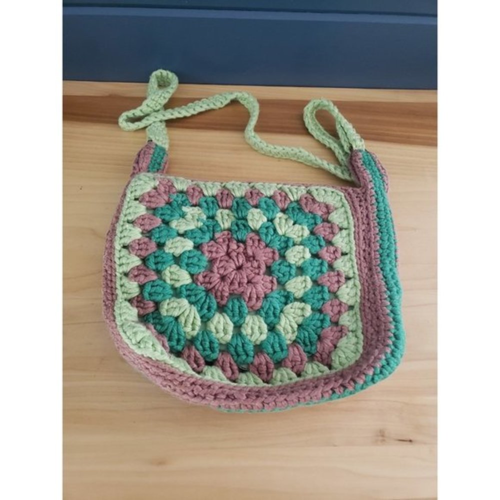 Vintage Green and Brown Crochet Shoulder Bag